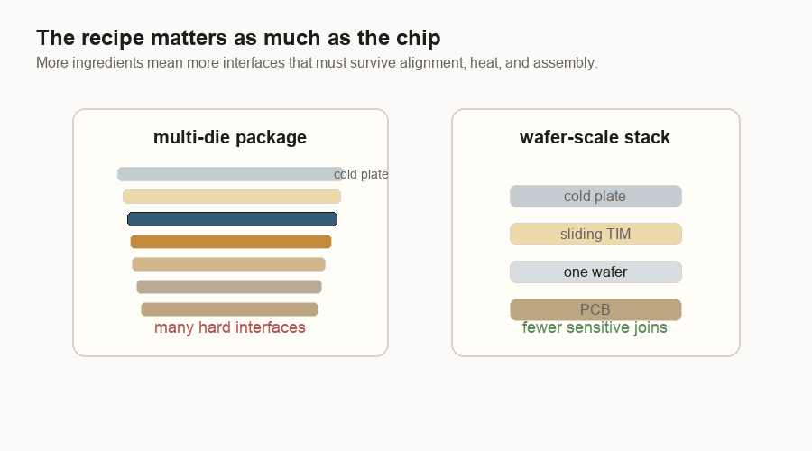 Animation comparing a multi-die package stack with many interfaces to a wafer-scale stack with fewer sensitive joins.