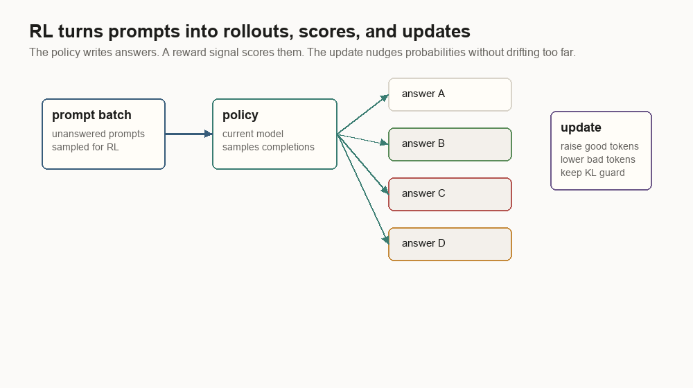 Animated diagram showing a prompt batch going through a policy, sampled answers getting reward scores, and an update nudging the next policy checkpoint.