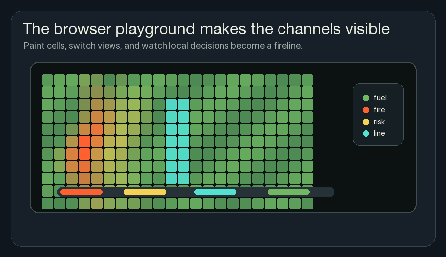 Animated browser playground where a wildfire spreads through fuel while yellow risk and cyan fireline channels appear.