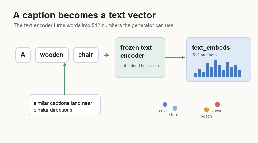 Diagram showing caption words flowing through a frozen text encoder into a 512-number text embedding, with nearby points in vector space representing related captions.