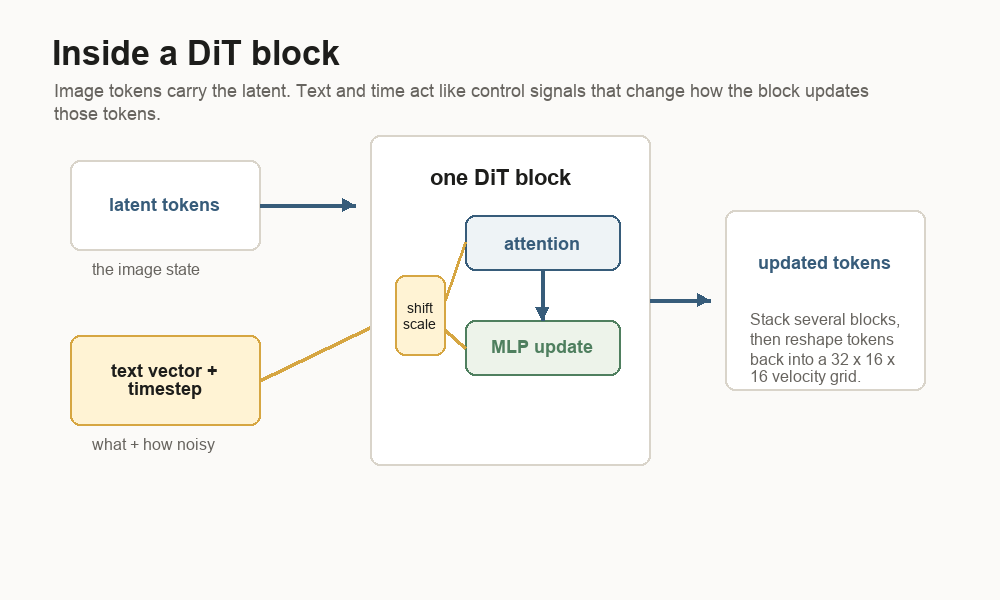Diagram showing latent tokens entering one DiT block while text and timestep conditioning shift and scale the attention and MLP update.