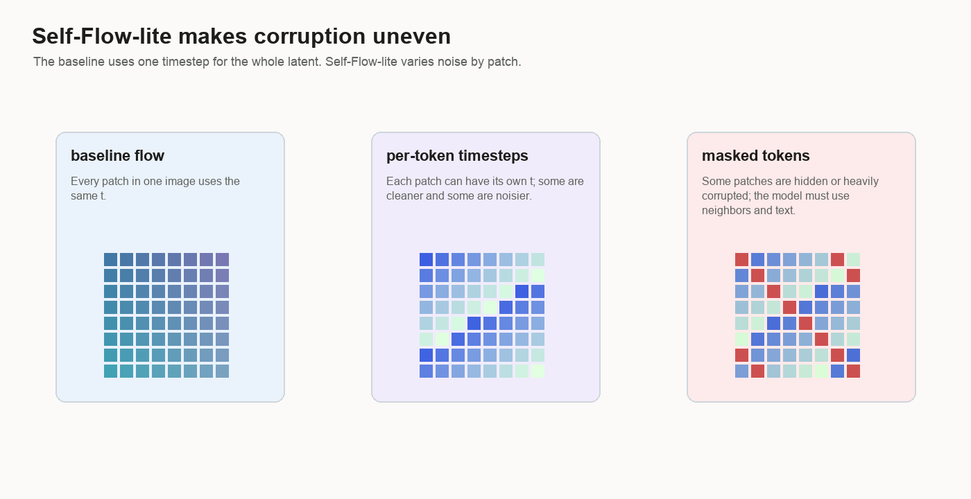 Diagram comparing baseline flow, per-token timesteps, and masked tokens.
