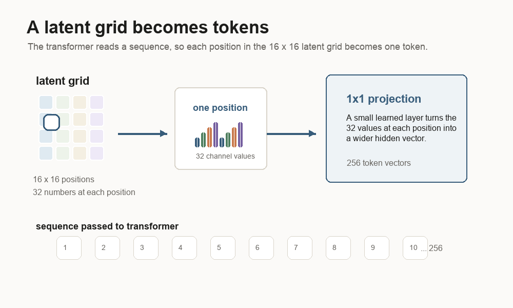 Diagram showing a 16 by 16 latent grid becoming 256 transformer tokens through a 1 by 1 projection.